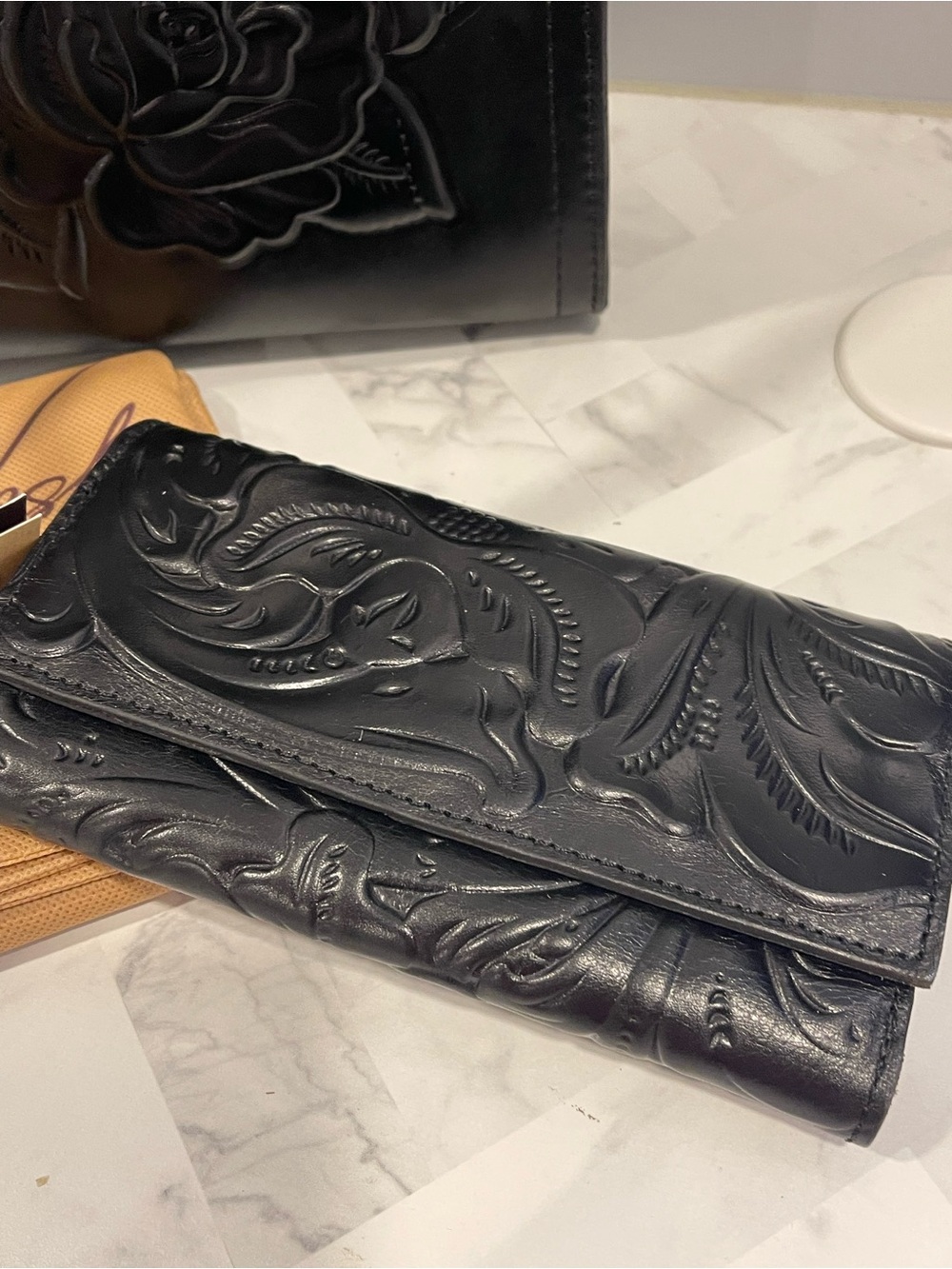 Patricia Nash Black Embossed Leather Tote with Coordinating Wallet - Picture 5 of 9